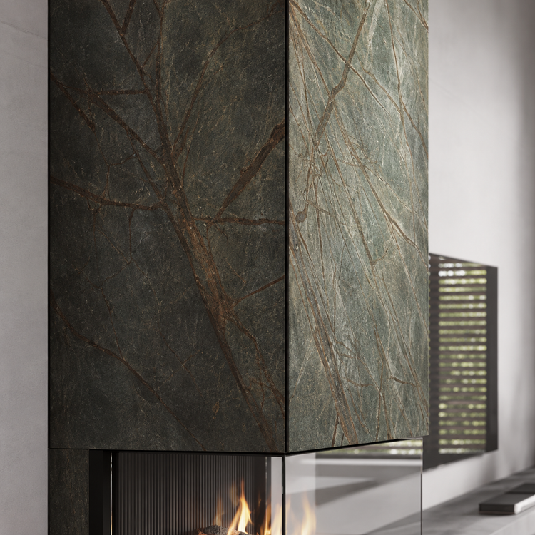 Illustrative close-up of Bahar green stone veneer around a fireplace.
