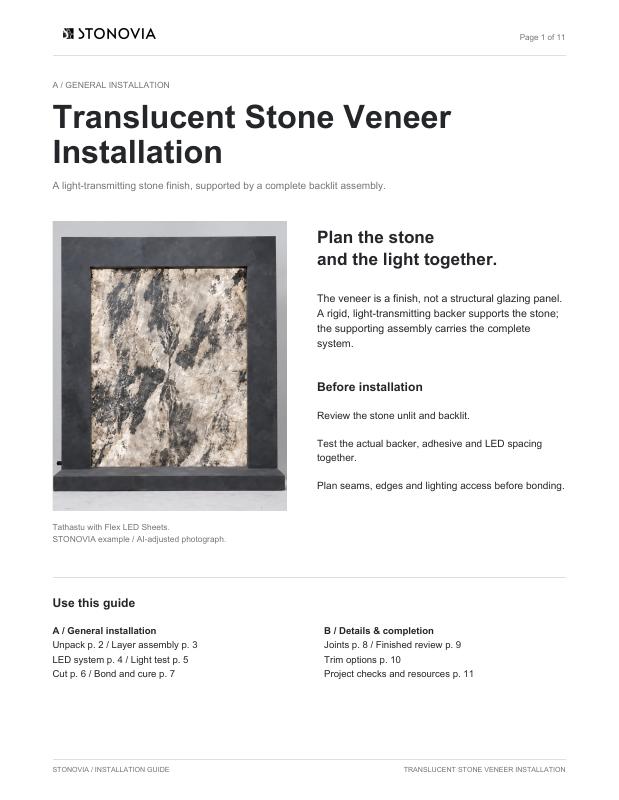 First page of the Translucent Stone Veneer Installation PDF