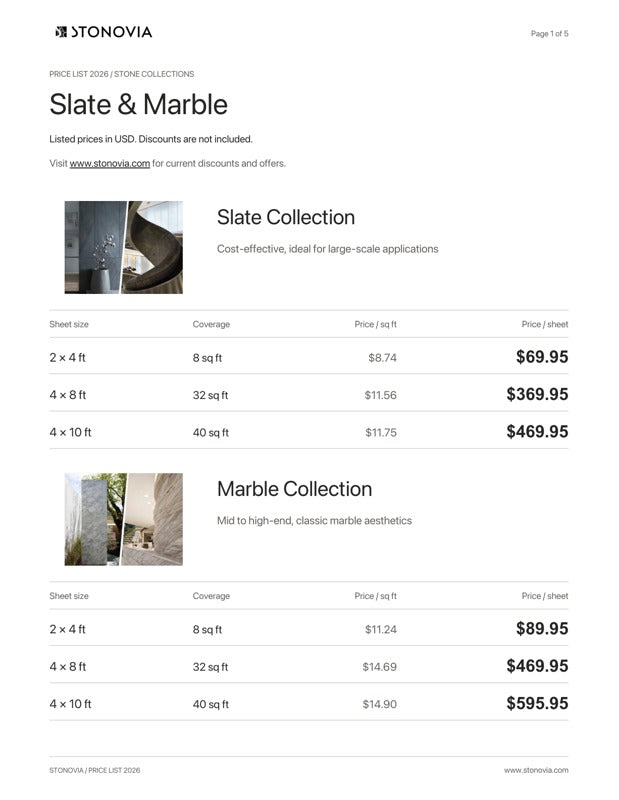 STONOVIA Price List 2026 first page