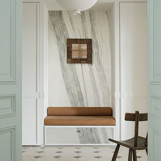 Isvara white marble stone veneer features a wall above an entryway bench.