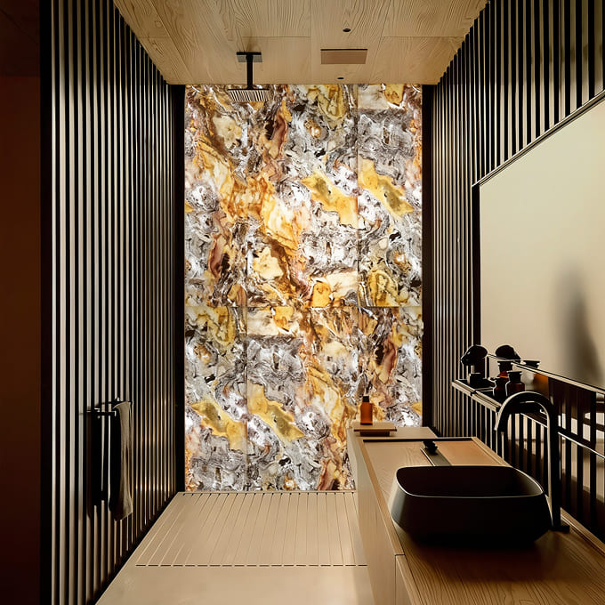 Surya backlit translucent stone veneer feature wall in a bathroom.