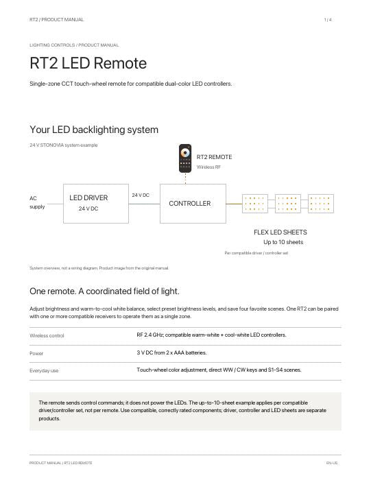 RT2 LED Remote manual first page